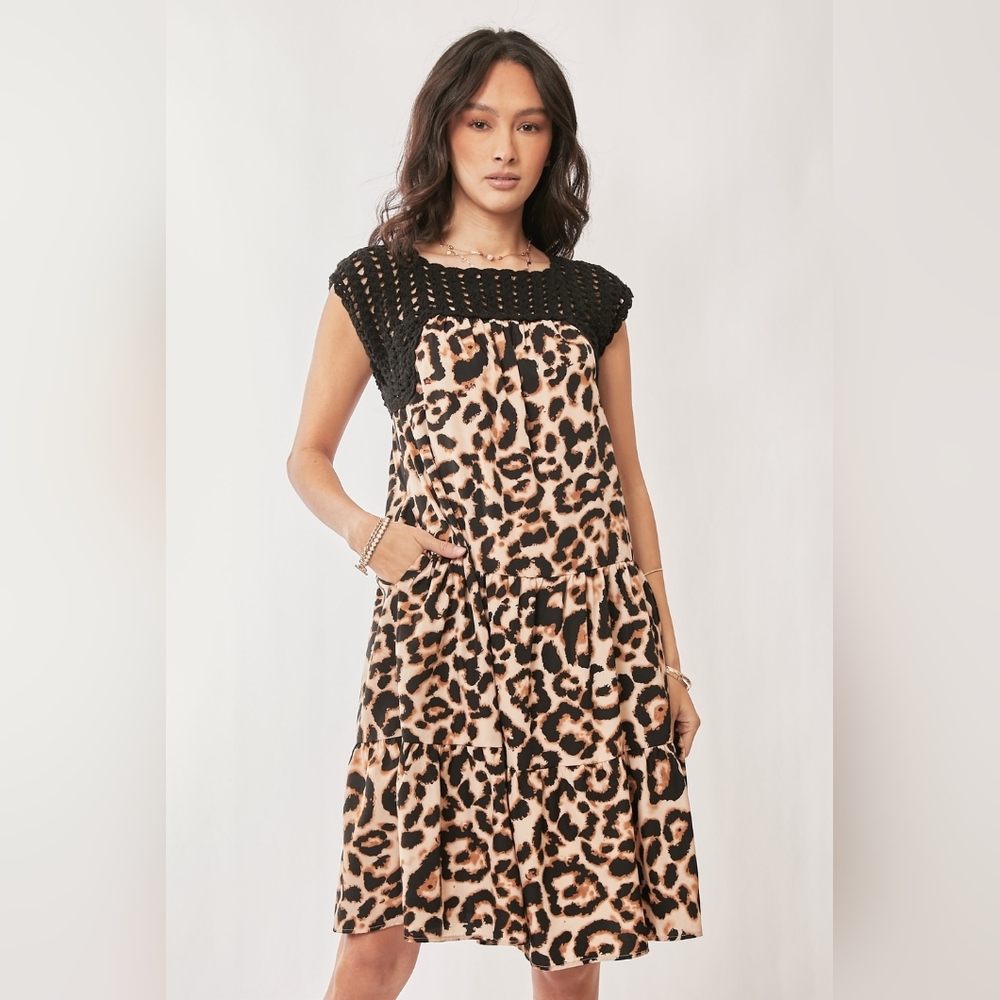 Davi & Dani Leopard Print Crochet Yoke Tiered Mini Dress With Pockets